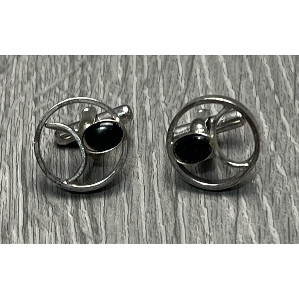 Silver Tone Round Cufflinks Mens‎ Black Cabochon Stone Modernist Design Pair